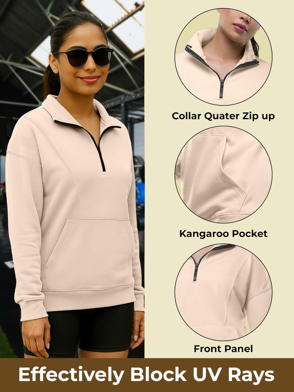 Womens Fleece Lined Pullover Hoodie Quarter Zip Up Arryn Oversize Sweatshirt