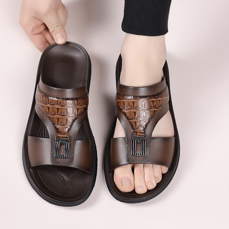 Men’s Croc-Embossed Slide Sandals, PU Leather, Comfort Non-Slip Rubber Sole