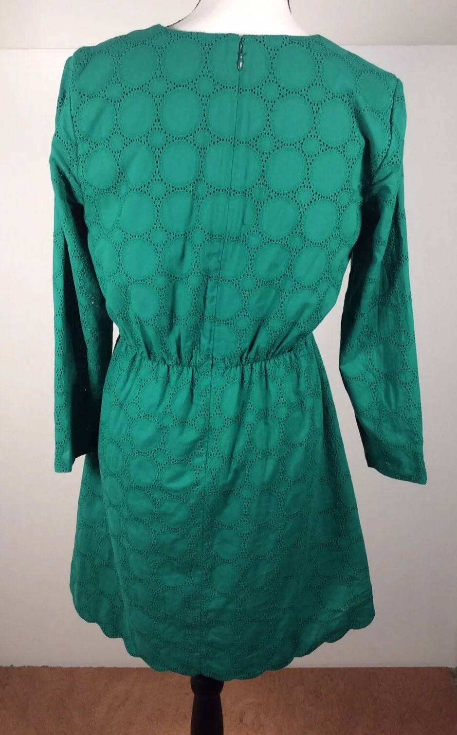 J Crew Dress Women 4 Green EYELET Long Sleeve Preppy Old Money Back Zip Lined