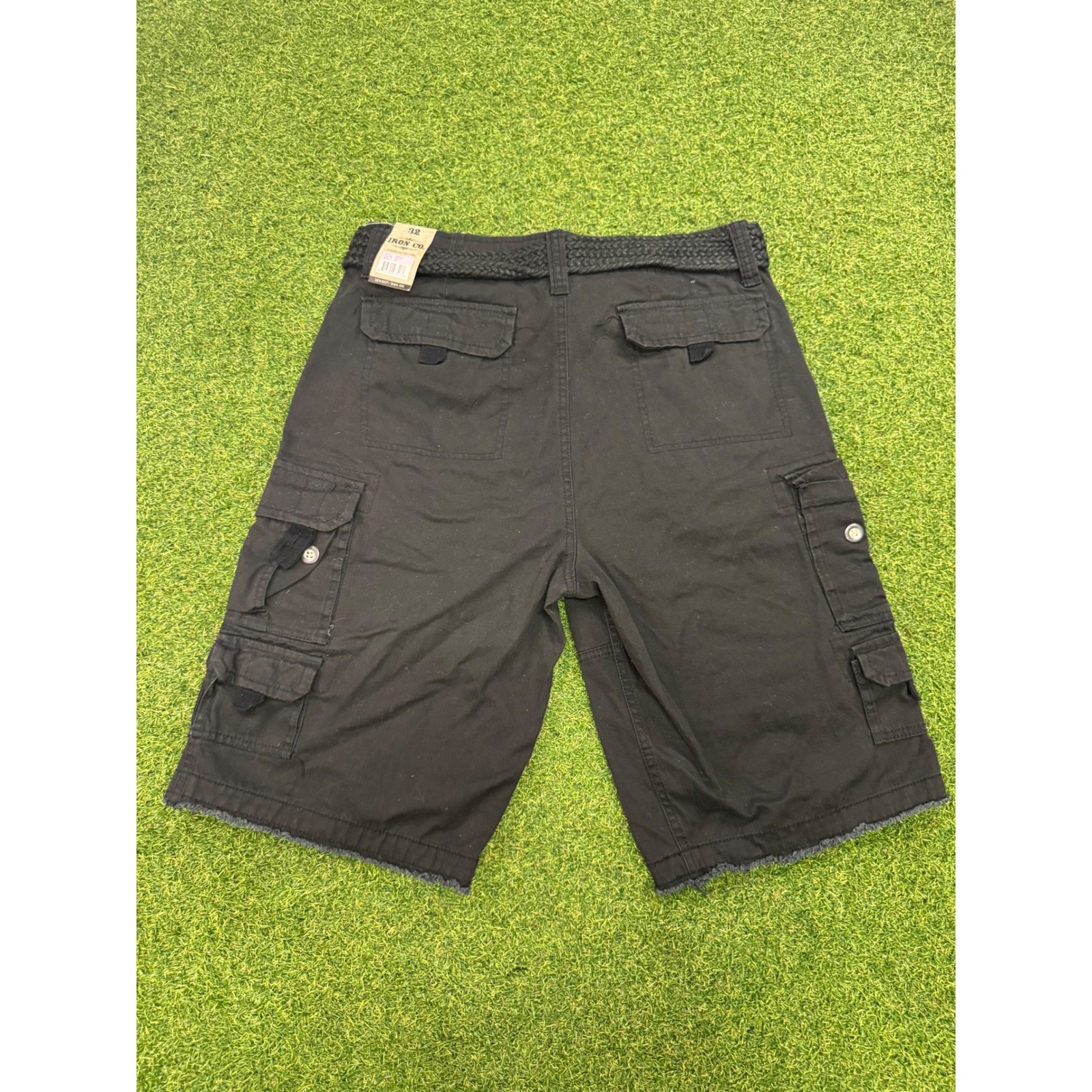 Iron Co Mens Cargo Shorts Black Heavy Vintage Wash Raw Hem With Belt Size 32 NWT