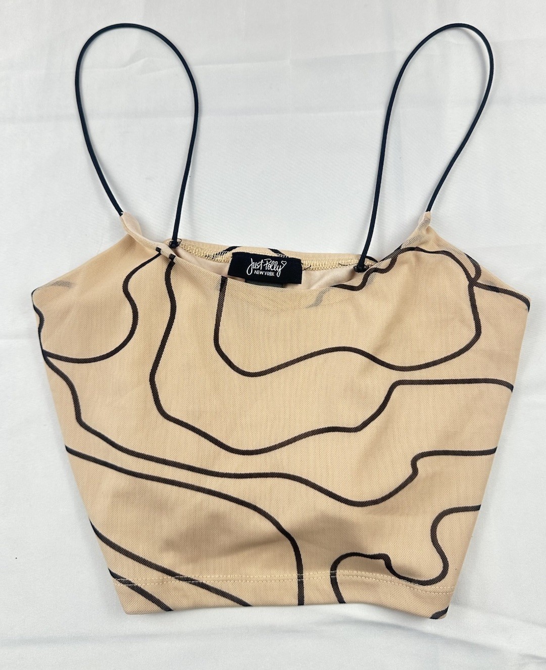 Just Polly New York Mesh Abstract Swirl Print Cami Crop Top Tan Black