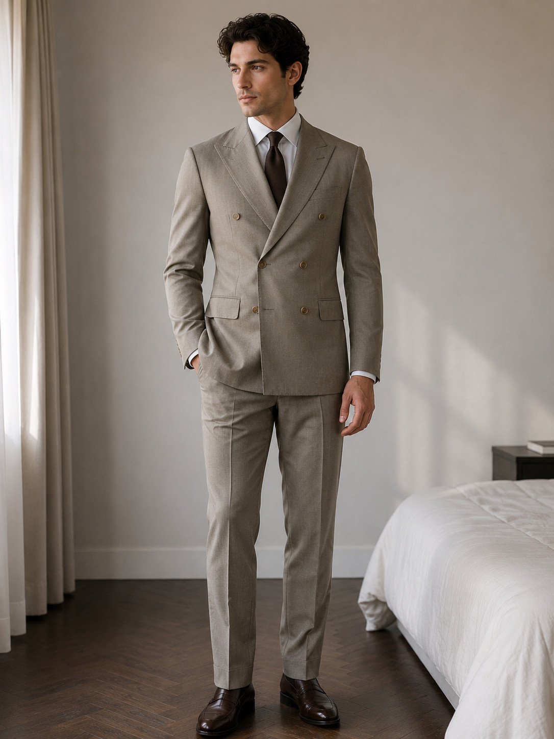 italian suit made in italy. New. Peak Lapel. Vented. Double Breasted. TAN