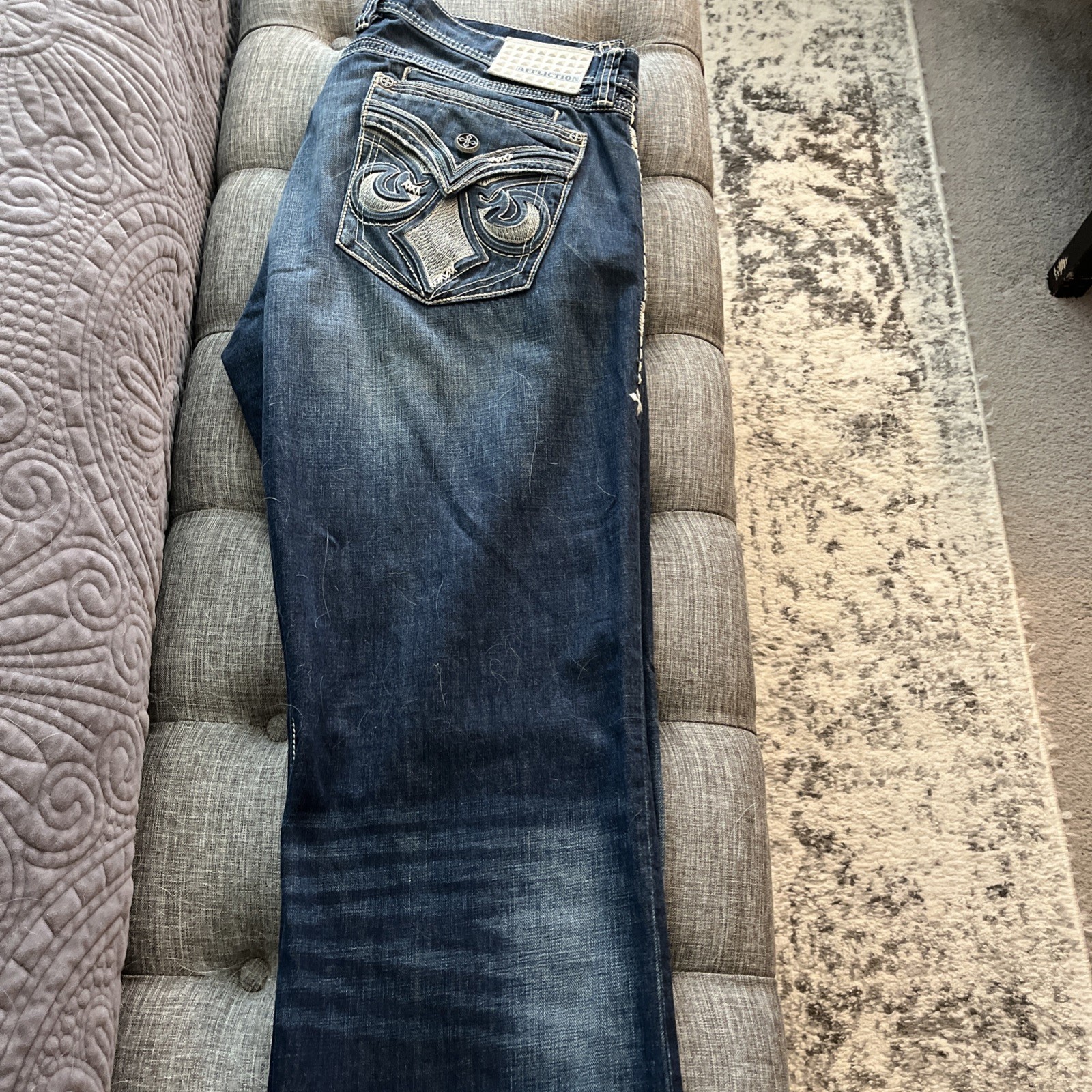 Affliction Jeans Mens 40X34 Cooper Straight Leg Thick Stitch Embroidered