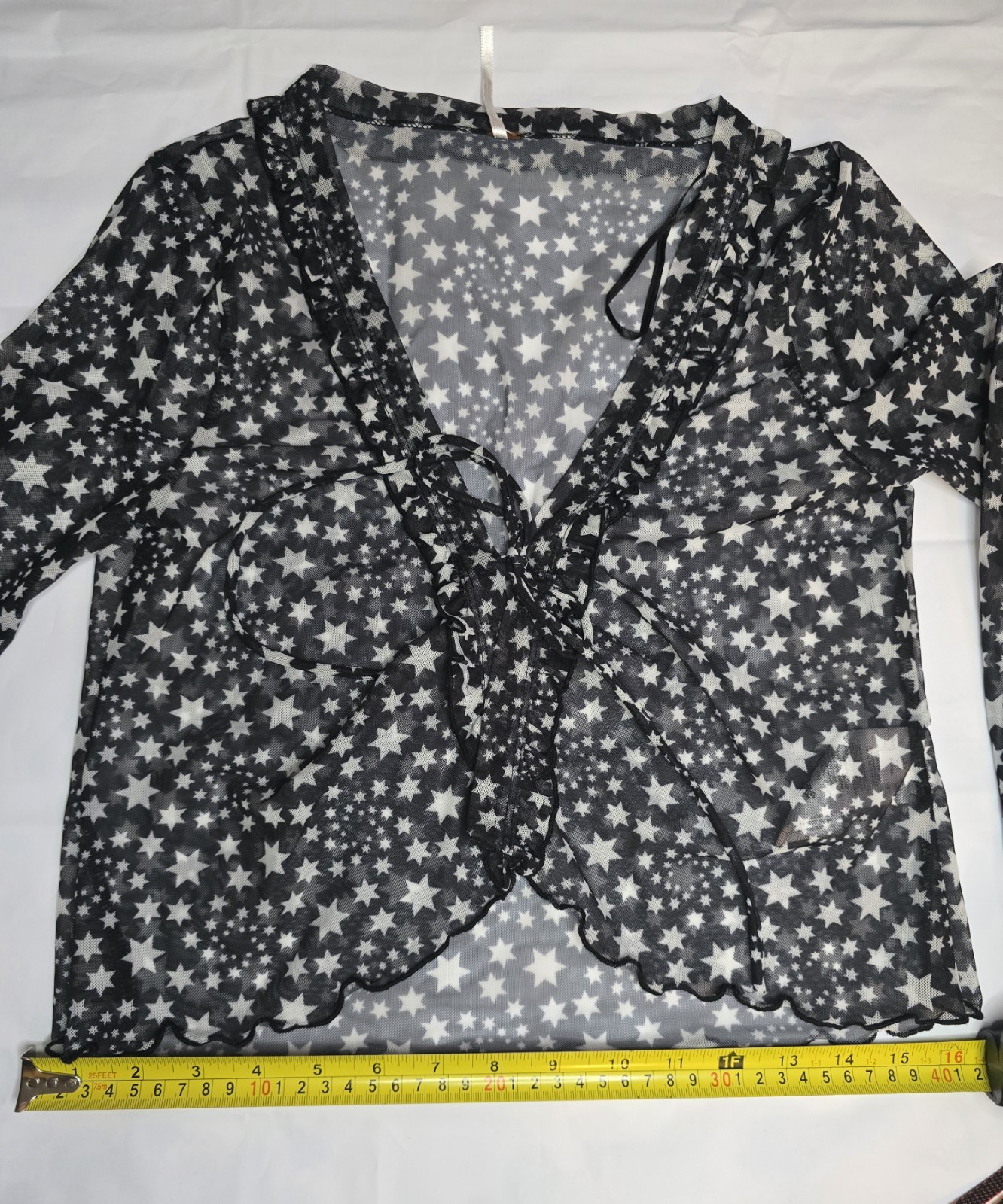 FREE PEOPLE Sheer mesh Black White Star Print Front Tie Marne Top Women’s Size S