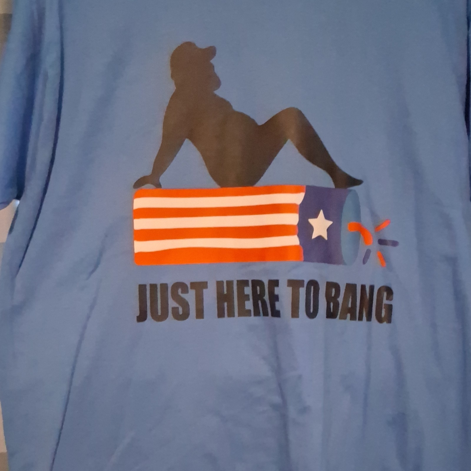 Gildan Ultra Cotton Men’s L Blue Crew Neck Short Sleeve “Just Here To Bang” Tee