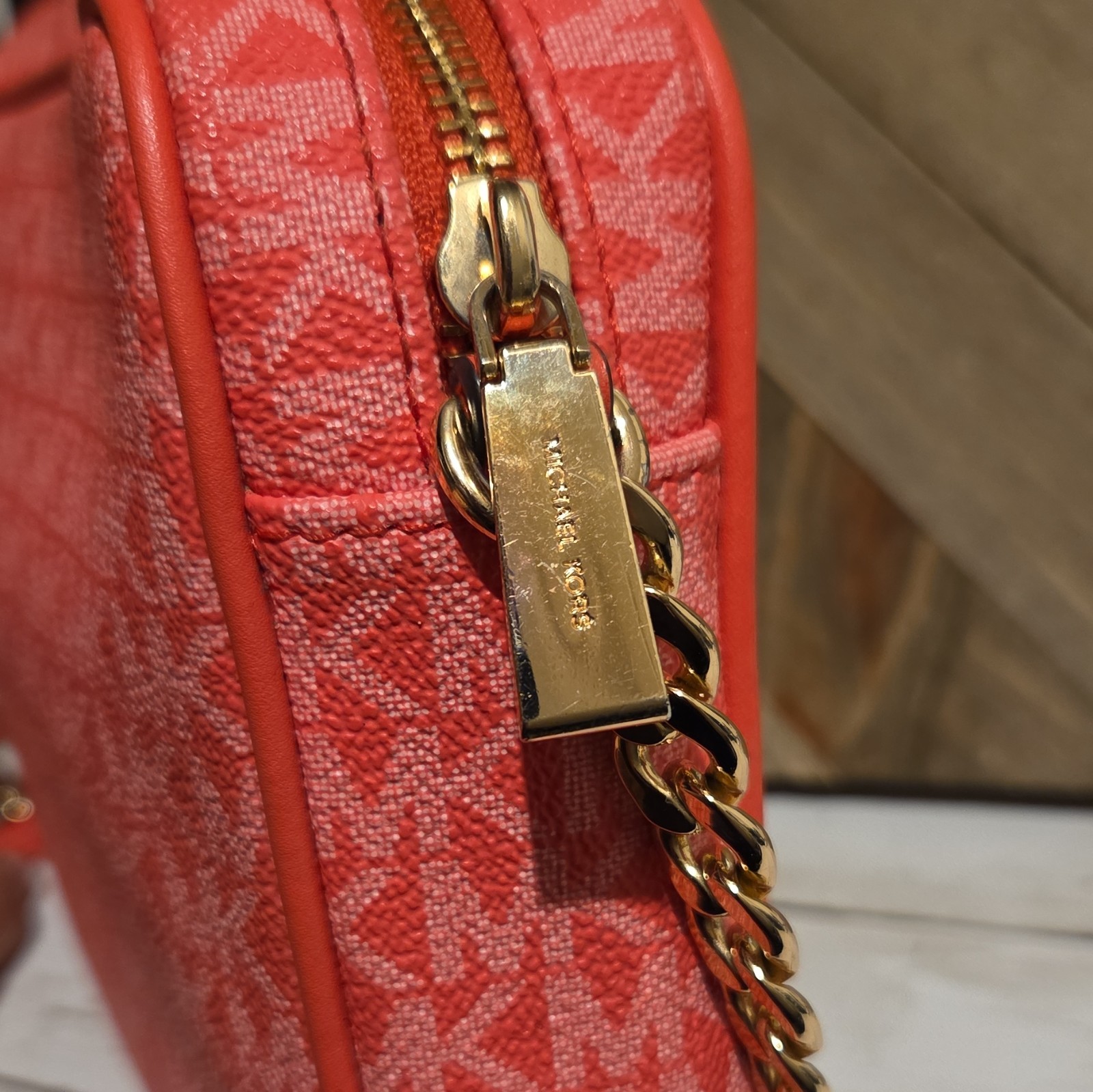 Michael Kors Flamingo Pink Monogram Logo Crossbody Bag Zip Gold Chain