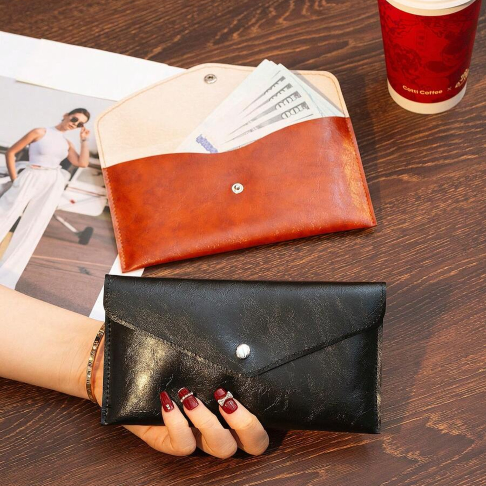 Cash Envelope Wallet PU Leather Pouch Money Organizer Storage Bag Women Moneybag