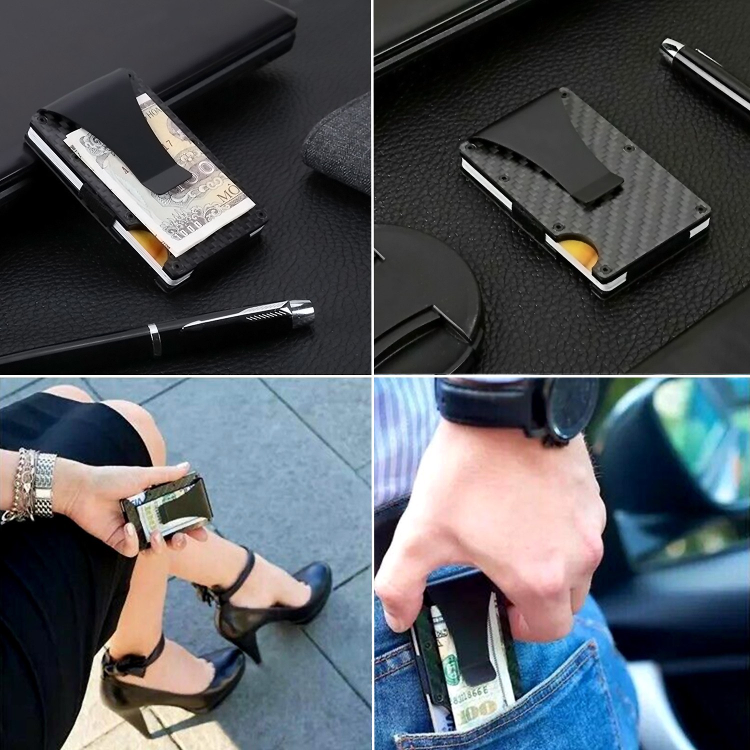 Men’s RFID Blocking Slim Money Clip Carbon Fiber Wallet ID Credit Card Holder
