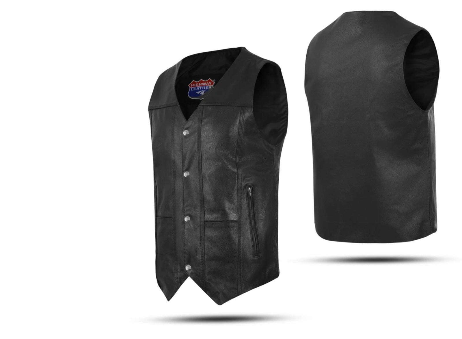 Men’s Black Leather Biker Vest V-Neck Motorcycle Waistcoat Snap Front Classic