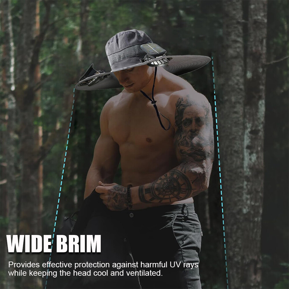 Outdoor Wide Brim Sun Hat with 2 Solar Fan UV Protection Hiking Camping Fishing