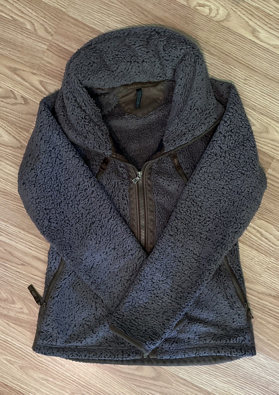 Kuhl Flight Sherpa Fleece Jacket, Size Small, gray/brown, attached hood