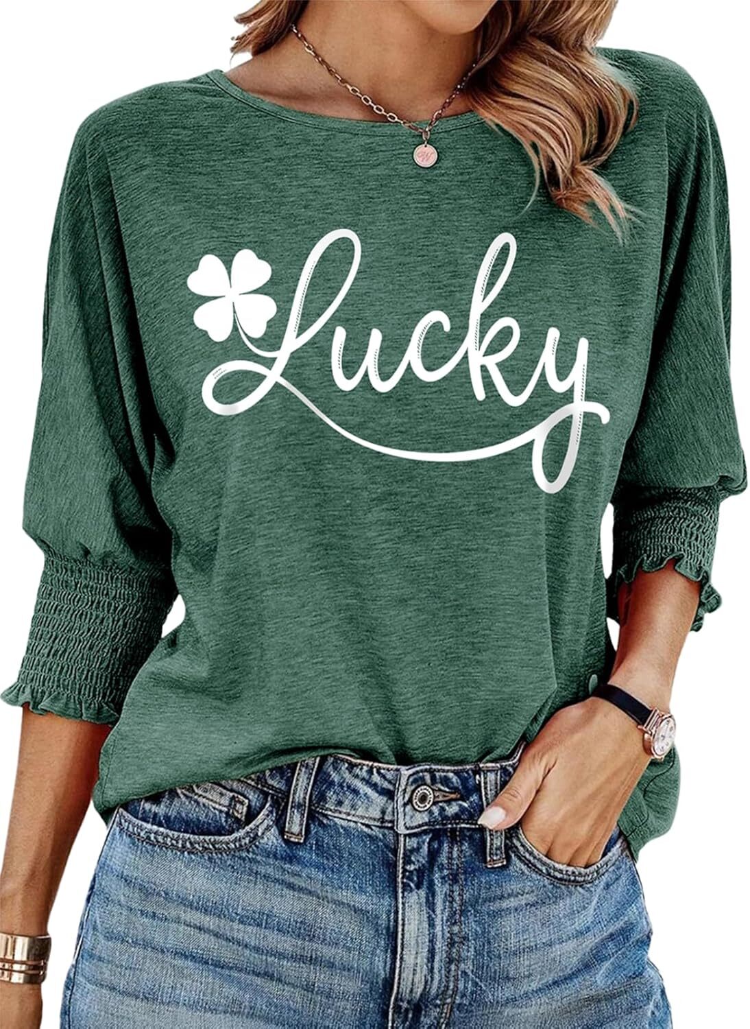 Women’s 3/4 Sleeve Crewneck T-Shirt Casual Loose Fit Soft Basic Blouse Top
