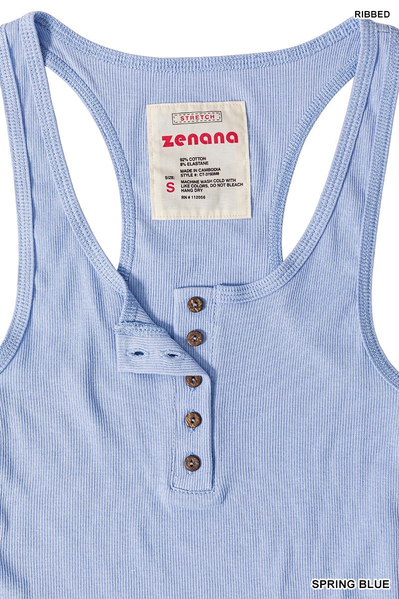 Zenana Ribbed Racerback Cotton Tank Top Button Closure Round Neck S-XL 1X 2X 3X