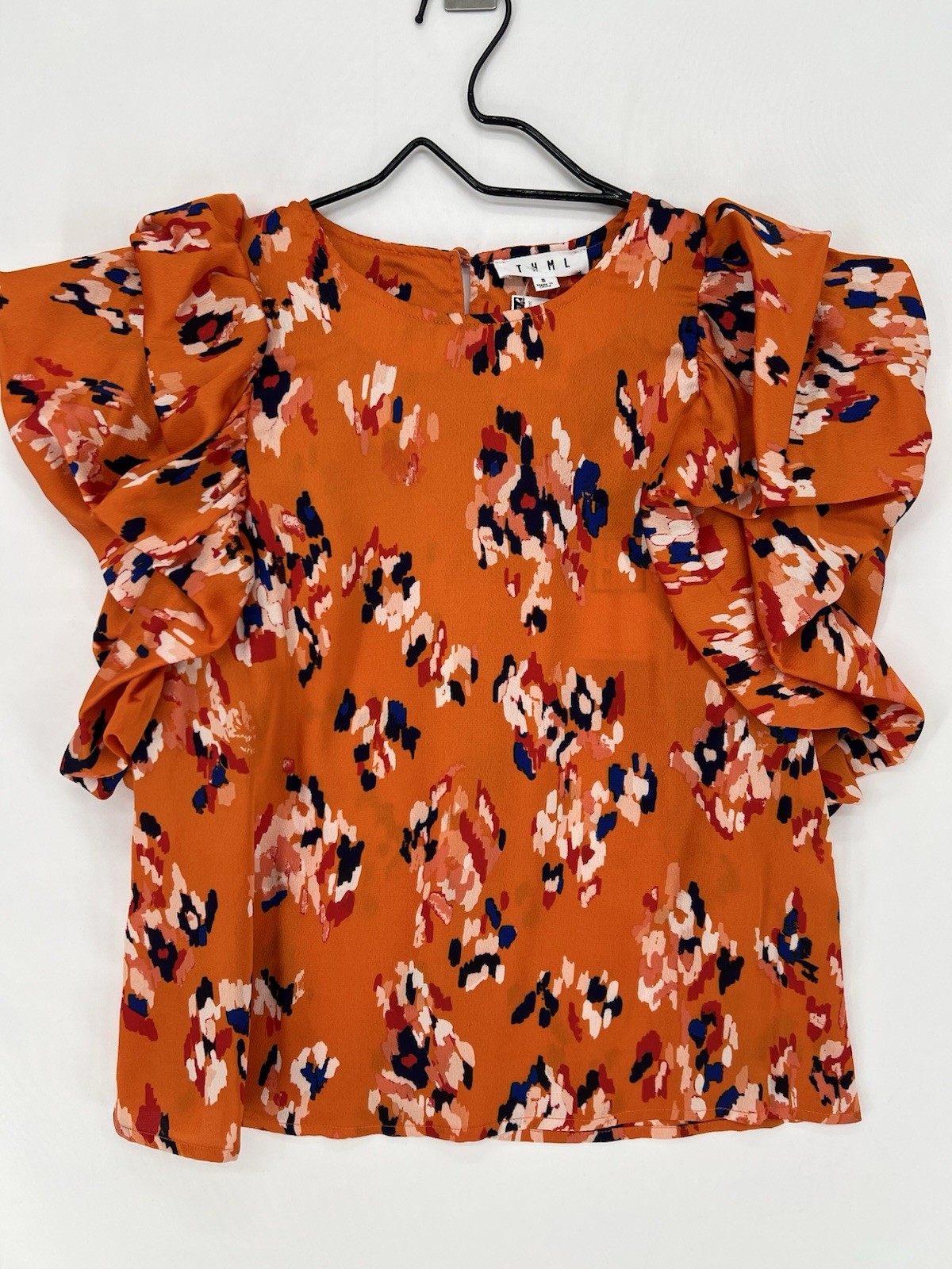 THML NWT Orange Floral Ruffle Sleeve Blouse Womens Small Statement Top