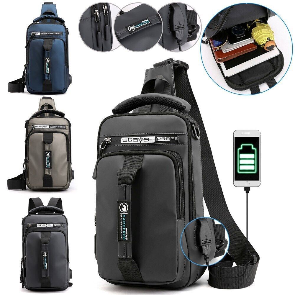 Men’s Sling Crossbody Bag Anti-theft Chest Pack Shoulder Backpack USB Waterproof