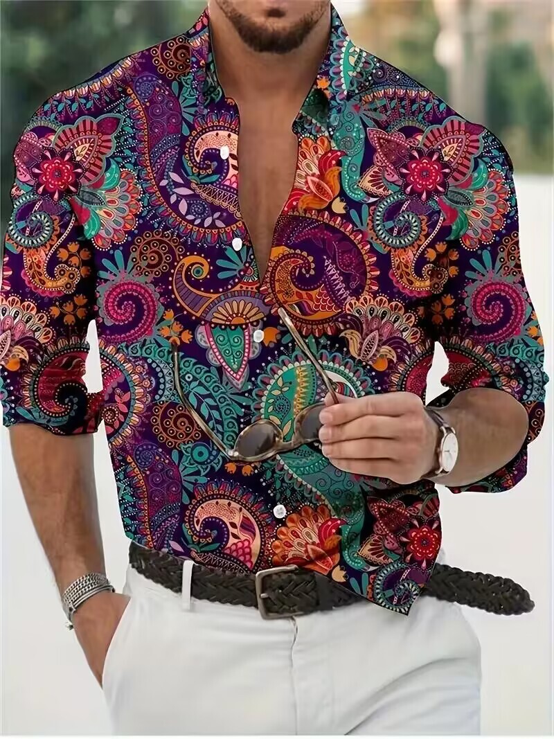Button Down Shirt Men’s Colorful Paisley Dress Shirt Rose Red Long Sleeve