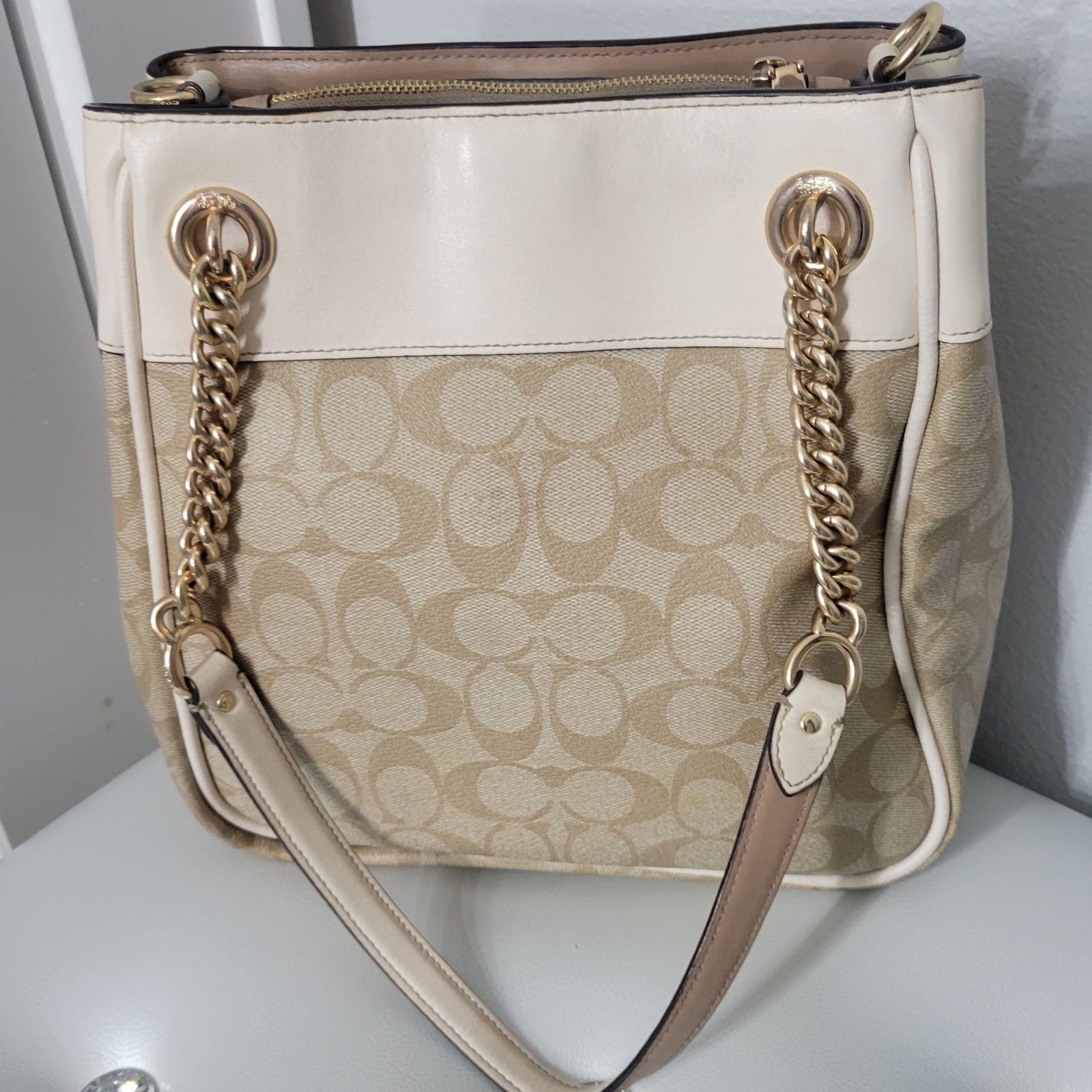 COACH Cammie C8152 Beige Signature Canvas & Cream Leather Chain Shoulder Bag