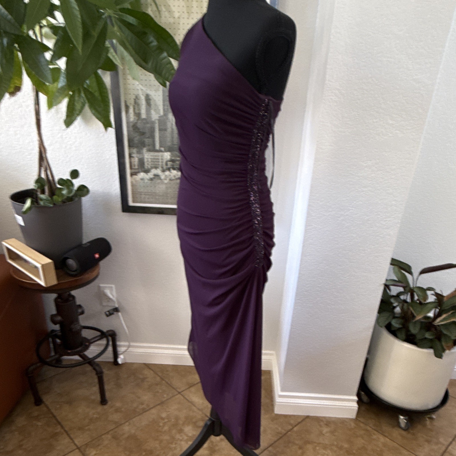 Laundry by Shelli Segal Women’s Purple One Shoulder Ruched Beaded Midi Dress 2