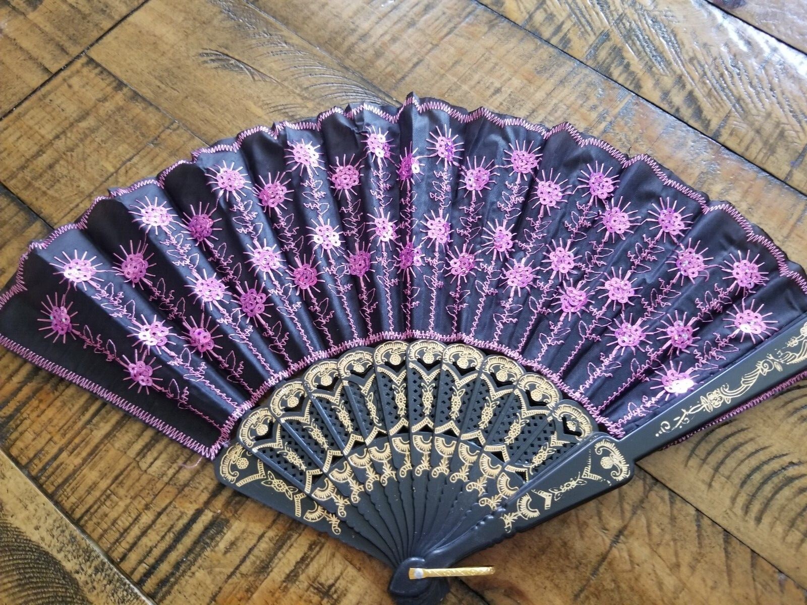 Fabric Embroidered Folding Handheld Fan Sequins Party Bridals Wedding USA Seller