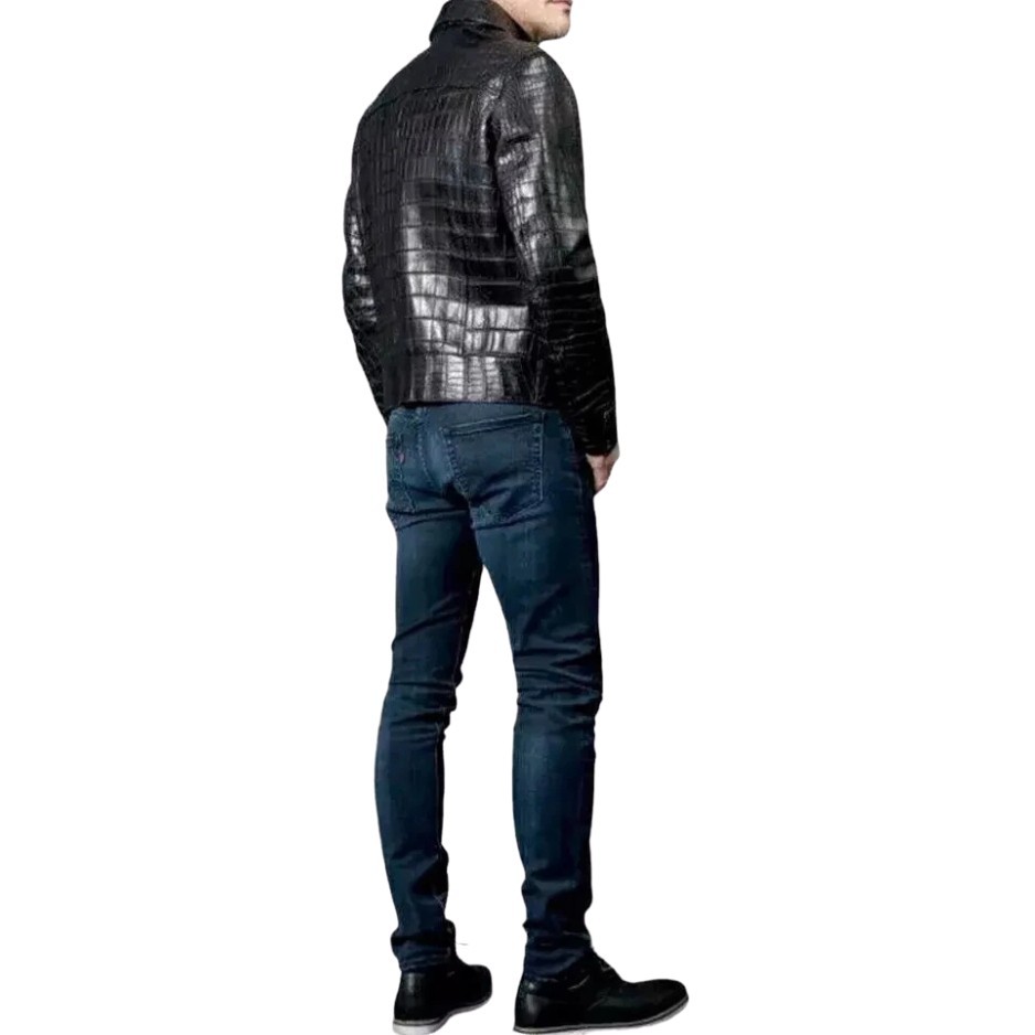 Men’s Black Real Leather Crocodile Embossed Biker Jacket Alligator Print Coat