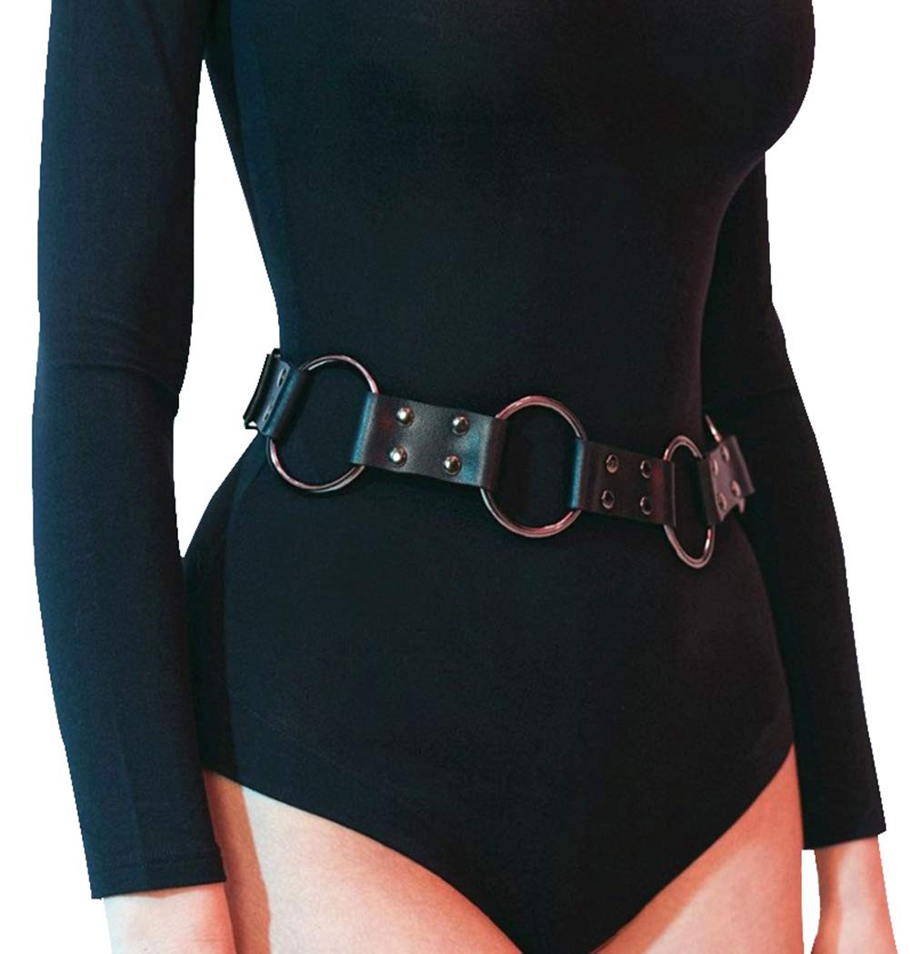 Women’s Punk Rocker Grommet Leather Waist Belts with Metal Chains Tassel Adjusta