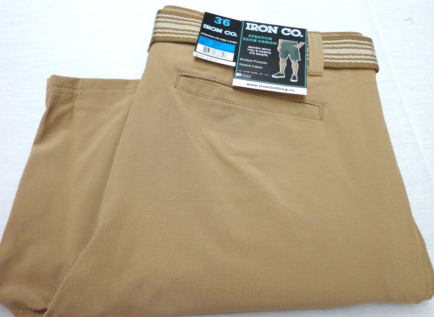IRON CO. Stretch Tech Cargo Belted Shorts Khaki Size 36 NEW