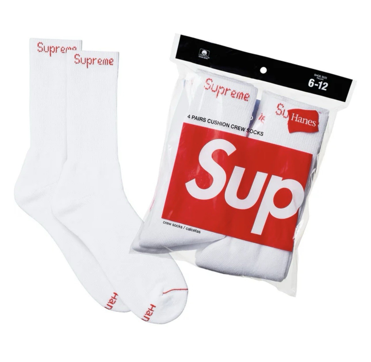 Supreme Hanes WHITE Crew Socks ONE (1) PAIR -Size 6-12 – NEW