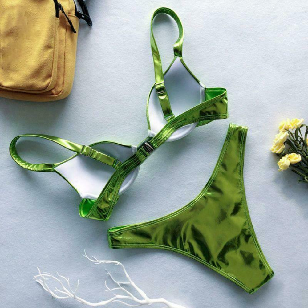 Women Sexy Bikini Reflective Shiny Metallic Swimsuit Push Up Underwire Beachwear