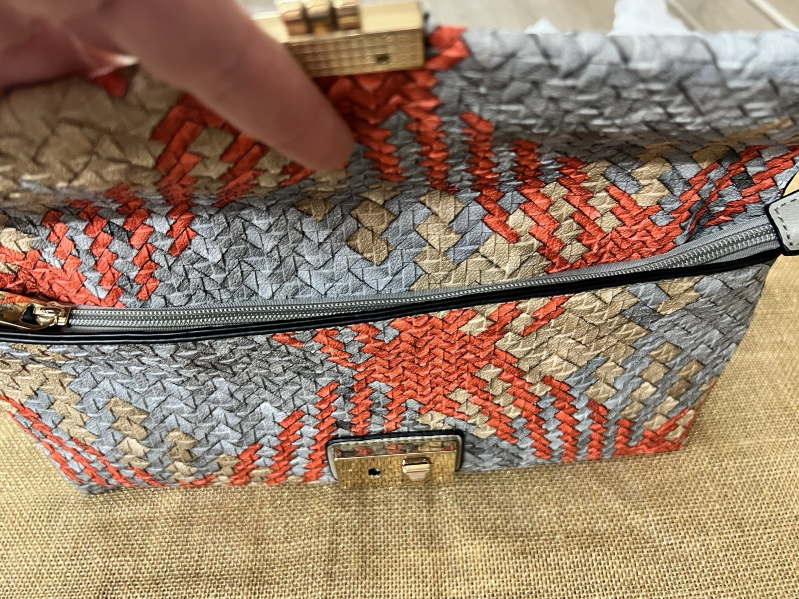 Woven Plaid Pattern Clutch Shoulder Bag with Turn-Lock Closure