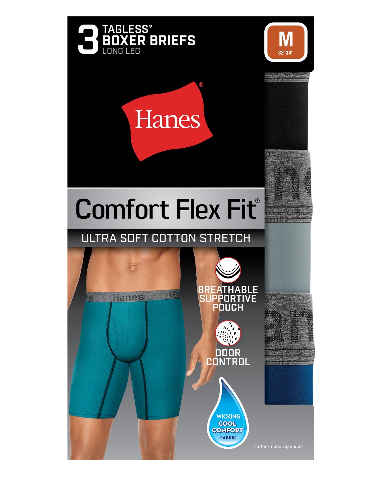 Hanes Men’s Boxer Briefs 3 pack Comfort Flex Ultra Soft Cotton Stretch Long Leg