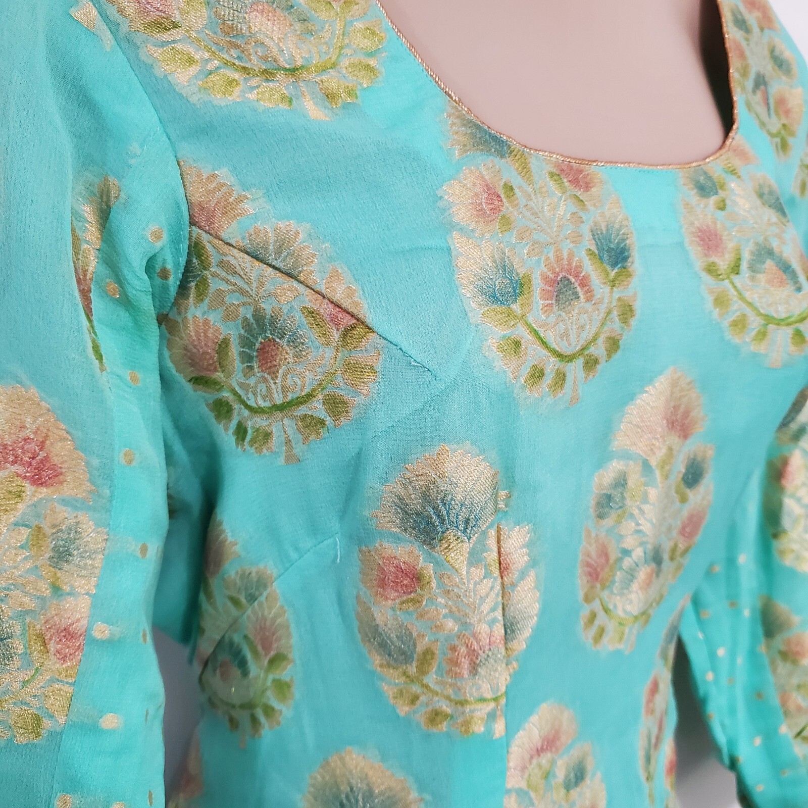 Handmade Kurta Tunic Style Mint Green Ethnic Boho Art LagenlookGold Trim