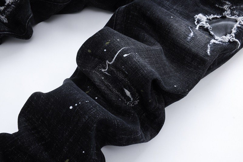 Men’s Punk Ripped PU Patch Slim fit Jeans Retro Classic High Quality Black Pants