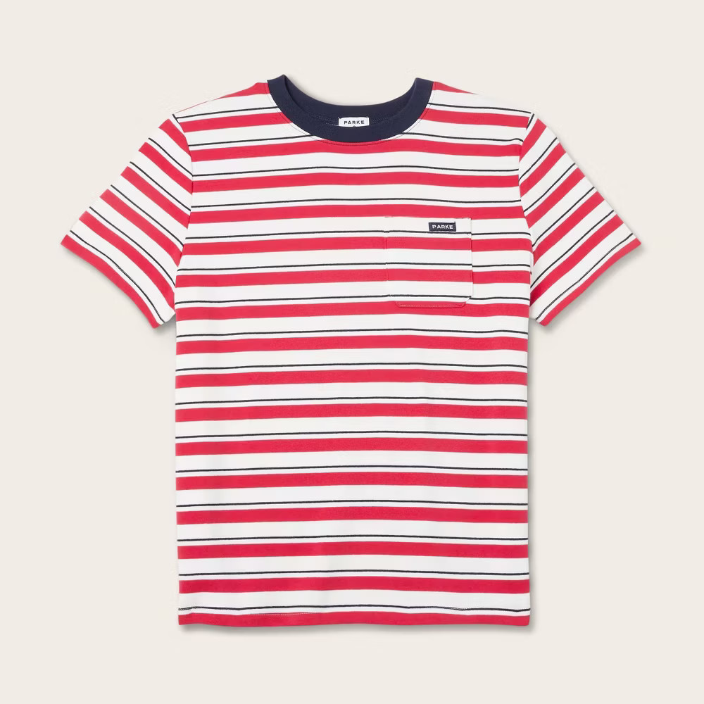 Women Short Sleeve Crewneck Pocket T-Shirt – Parke Red/Navy Striped S
