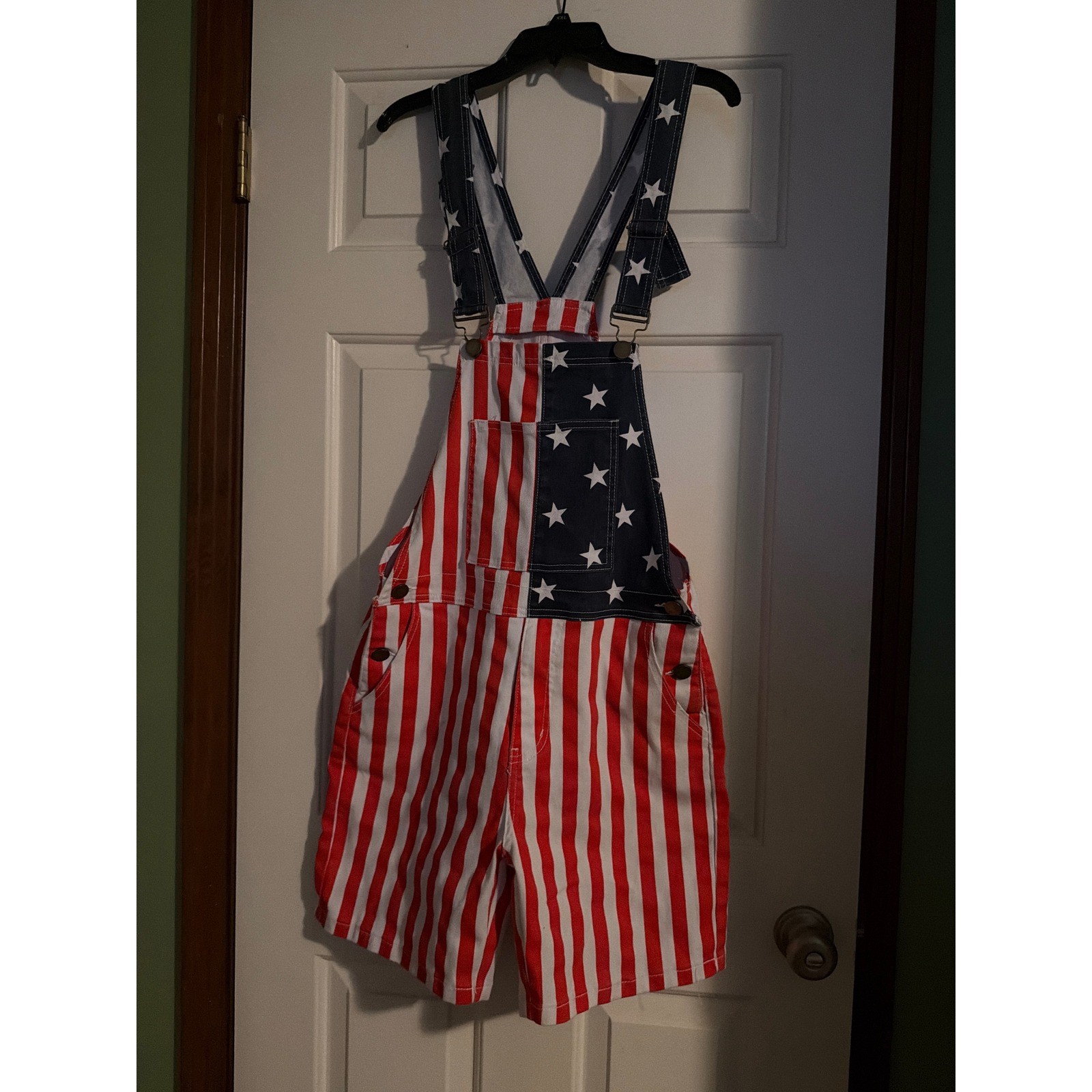 USA American Flag Patriotic Stars and Stripes Shortall Overalls Red White Blue M