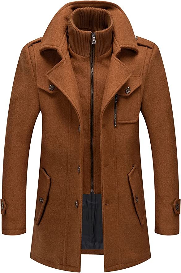 Men’s Thermal Single Breasted Wool Blend Coat Business Peacoat Detachable Zipper