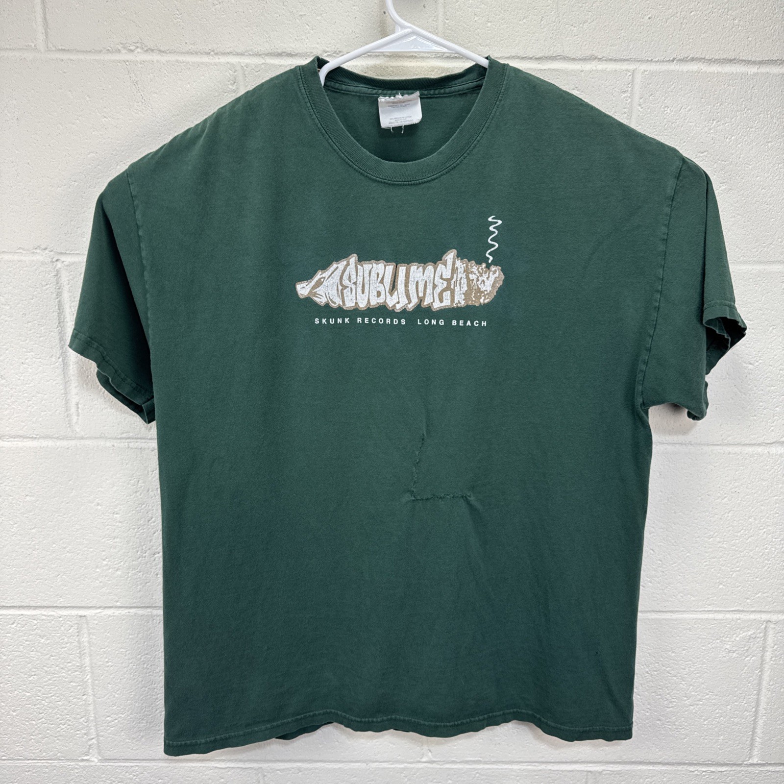 VINTAGE SUBLIME SKUNK RECORDS LBC Joint Logo 90’s T Shirt XL Green Repaired RARE