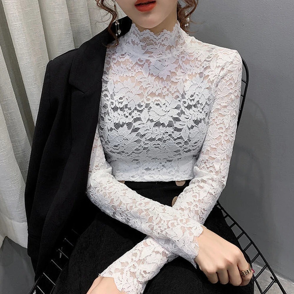 Women Lace Long Puff Sleeve Top Stretch Solid Turtleneck Blouse Casual
