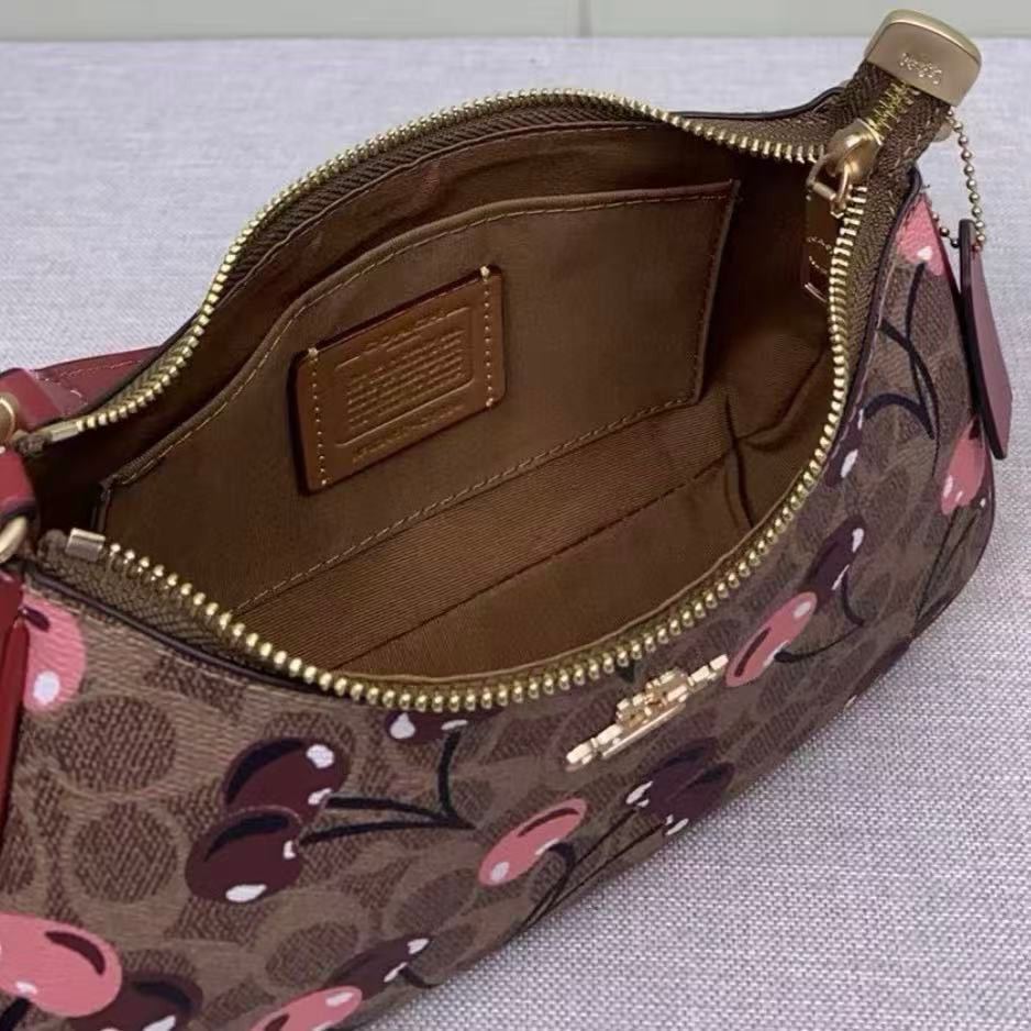 COACH CY694 Teri Shoulder Bag Signature Canvas Cherry Print Tan Brown NWT