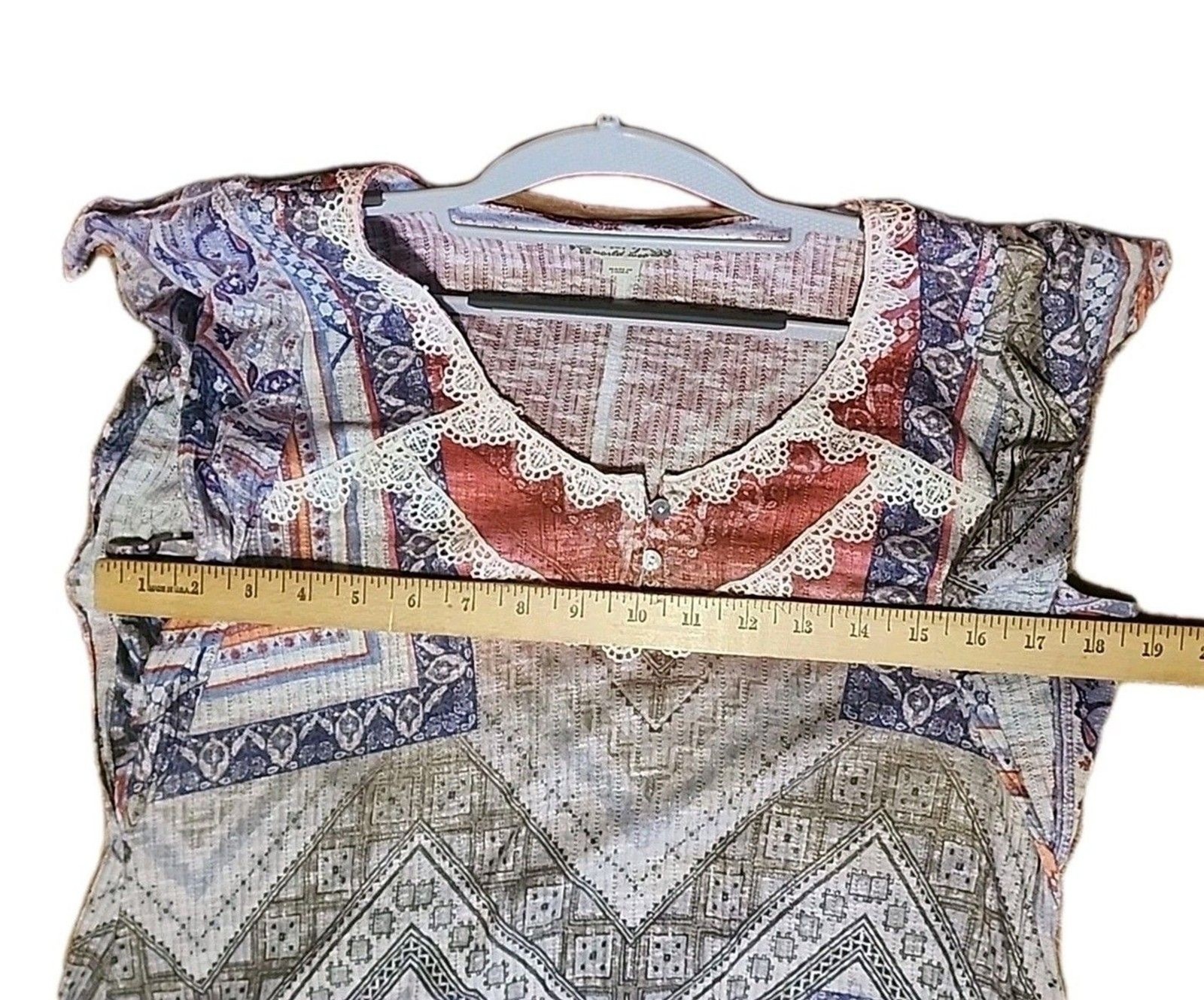 Energie Women’s Top XLarge Boho Patchwork Lace Trim Short Sleeve Festival Blouse
