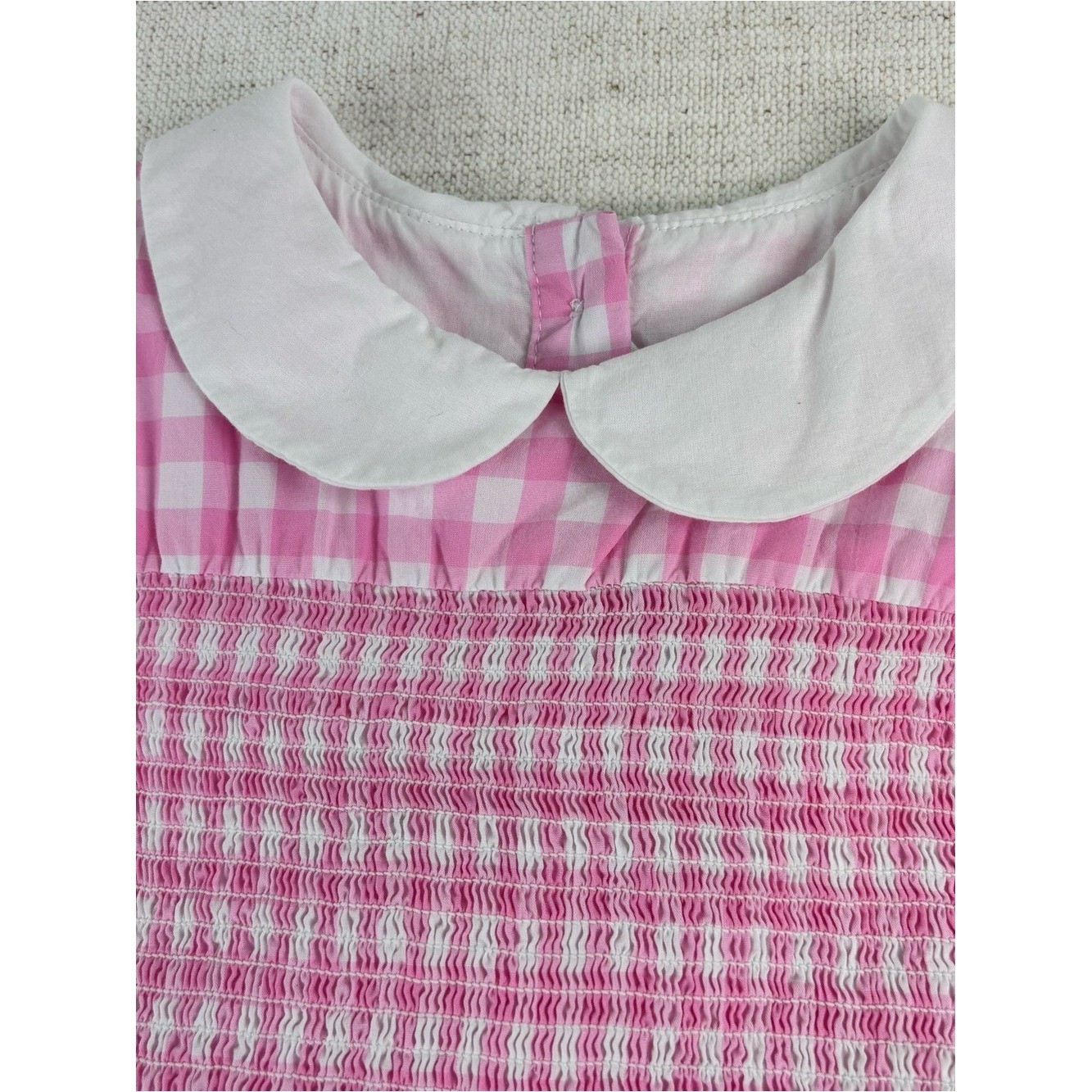 Janie and Jack girls 7 Pink Gingham Sleeveless Smocked Dress Peter Pan Collar