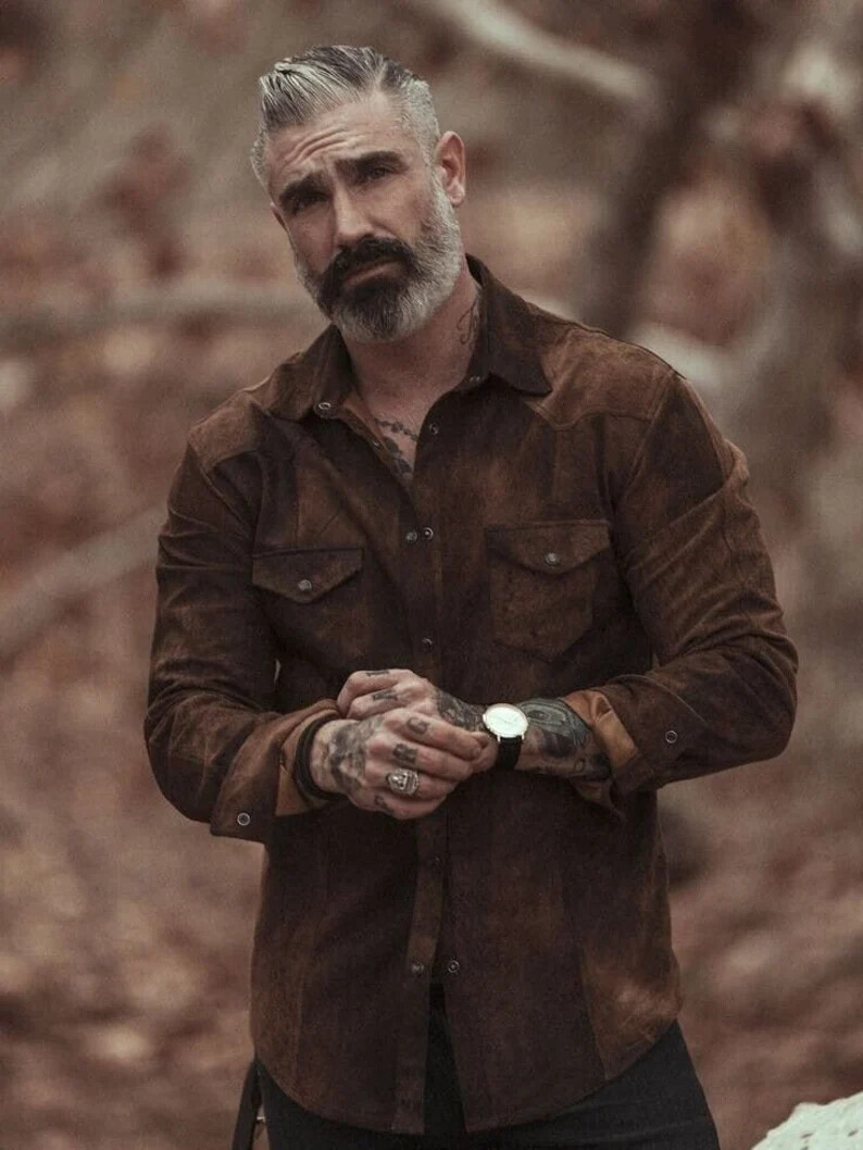 Men’s 100% Brown Suede Leather Trucker Premium Shirt Western Wear Suede Shirt
