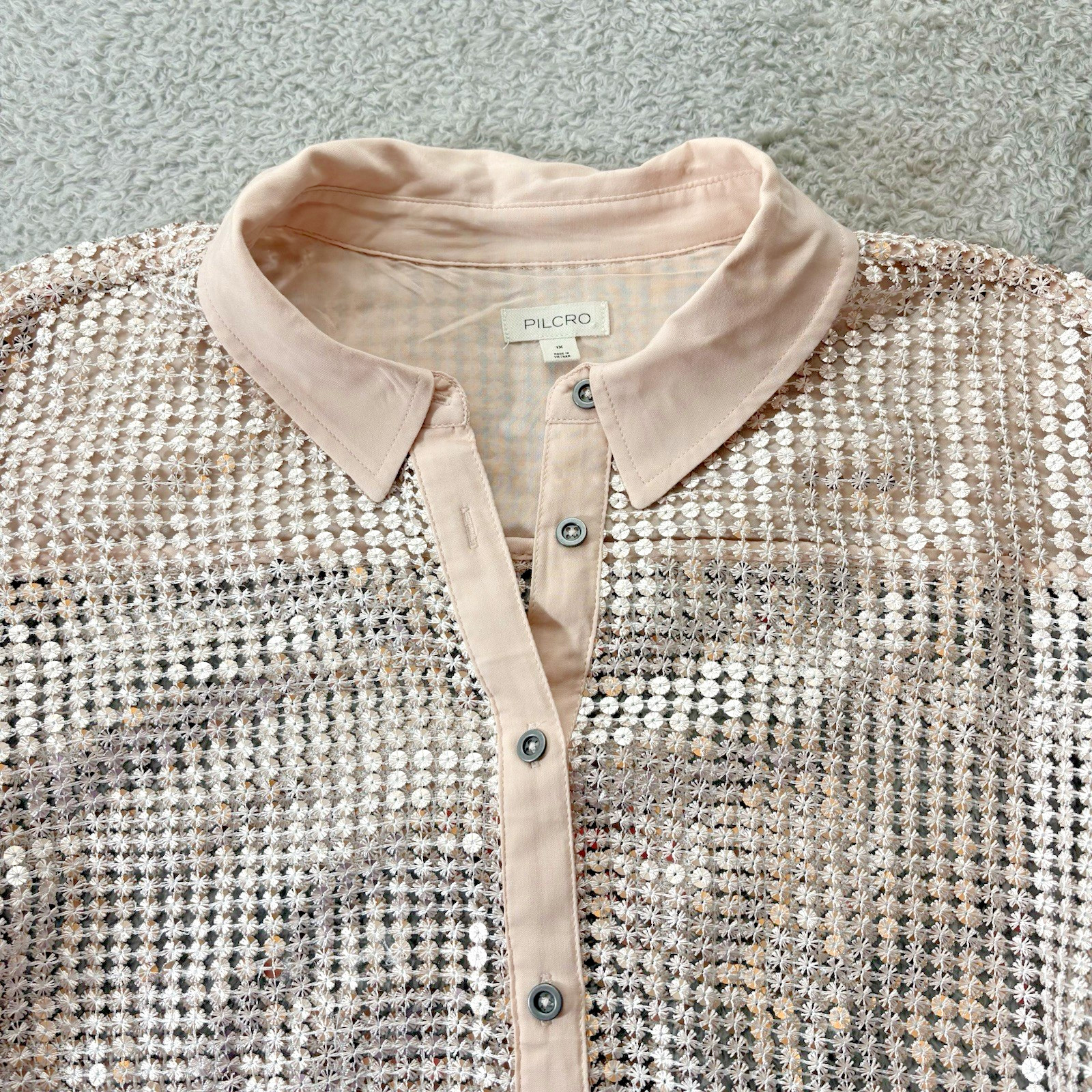 Pilcro Anthropologie Sequin Mesh Shirt 1X Blush Sheer Button Front Plus Size