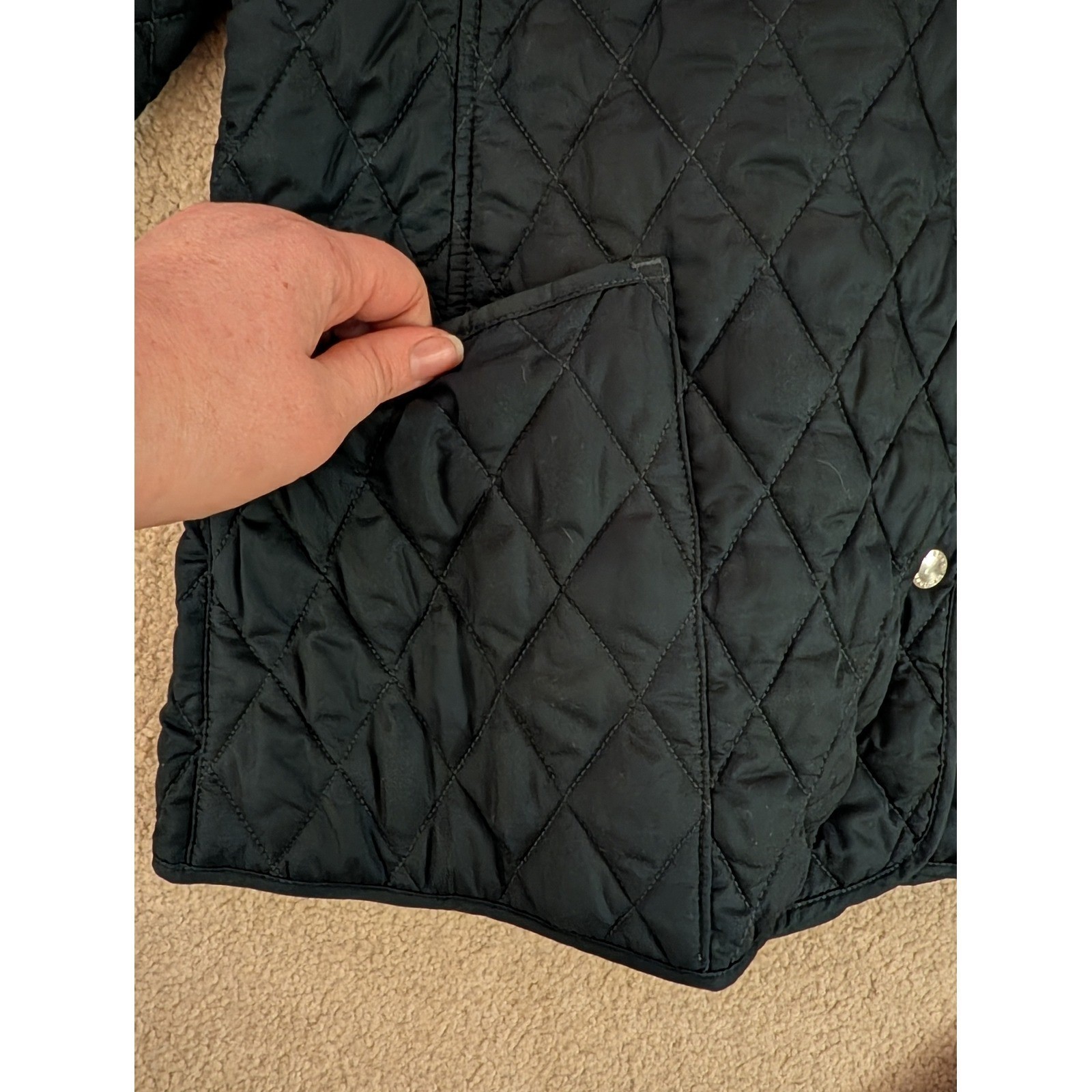 L.L. Bean Women’s Navy Quilted Barn Jacket Plaid Lined Snap Front Coat- L
