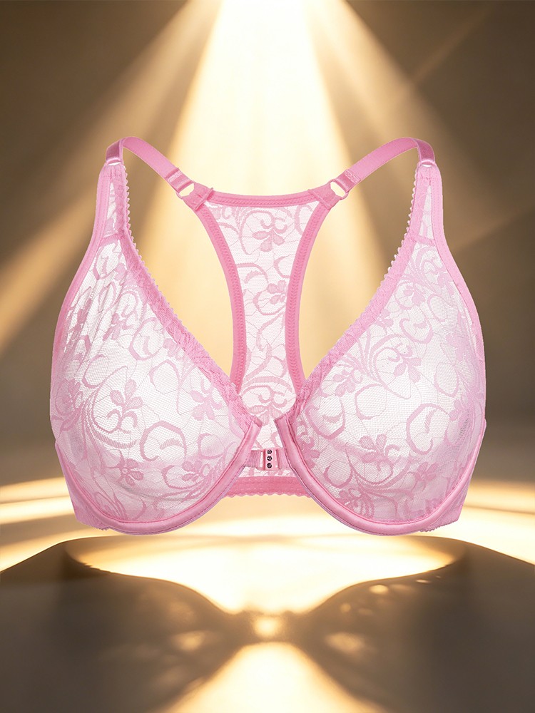Ultra-thin Bra Front-fastened Lace Racer Back Underwire Brassiere Sissy Lingerie