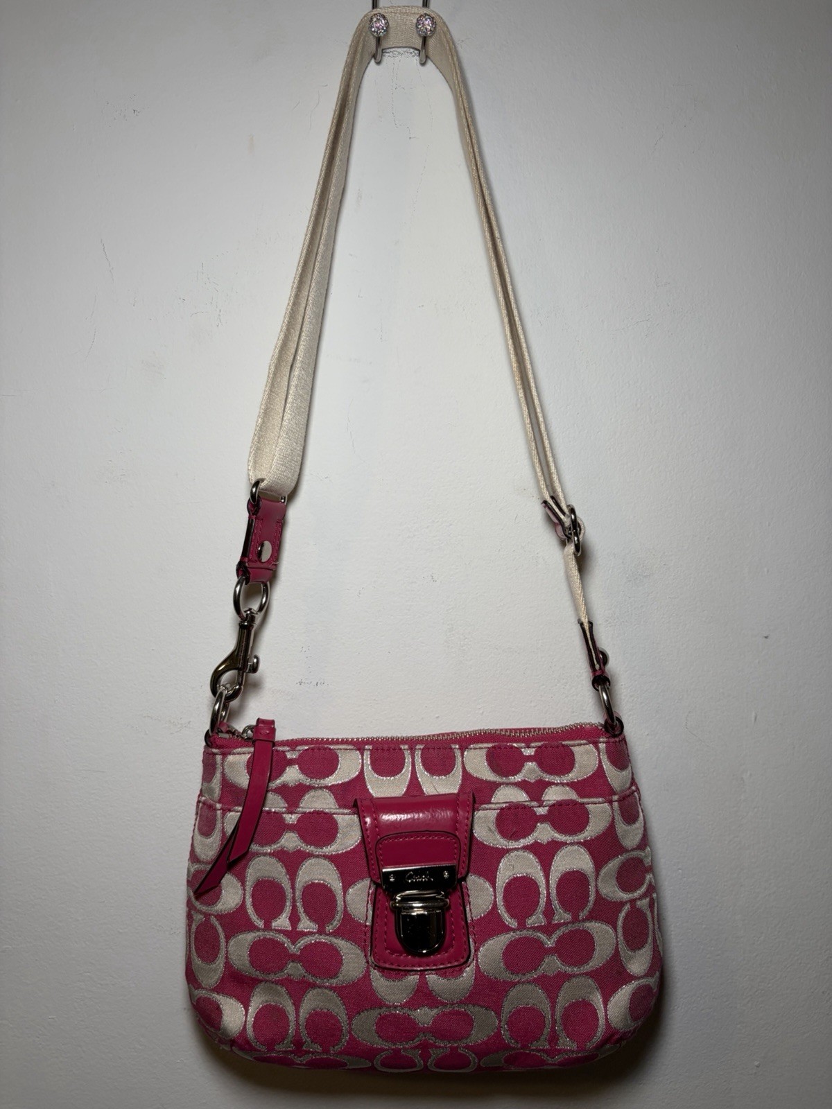 Coach Poppy Signature Double Pocket Crossbody Pink And White Strap