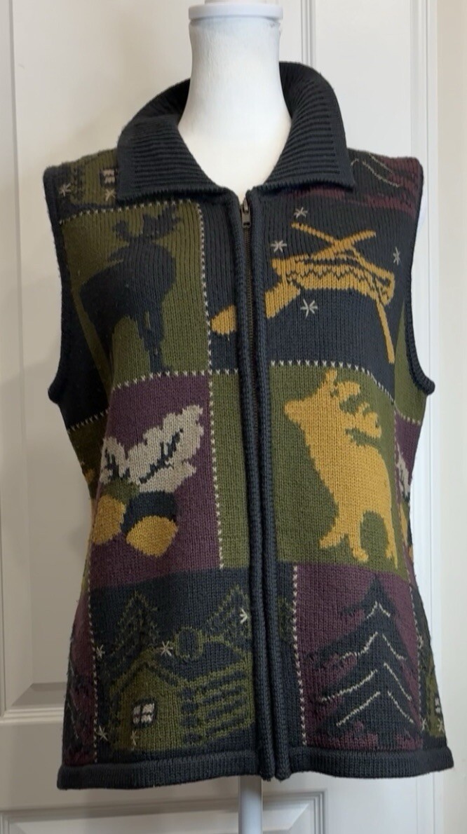 NATURAL REFLECTIONS (VTG) Wool Blend Sweater Vest Med Full Zip Cabincore Nature