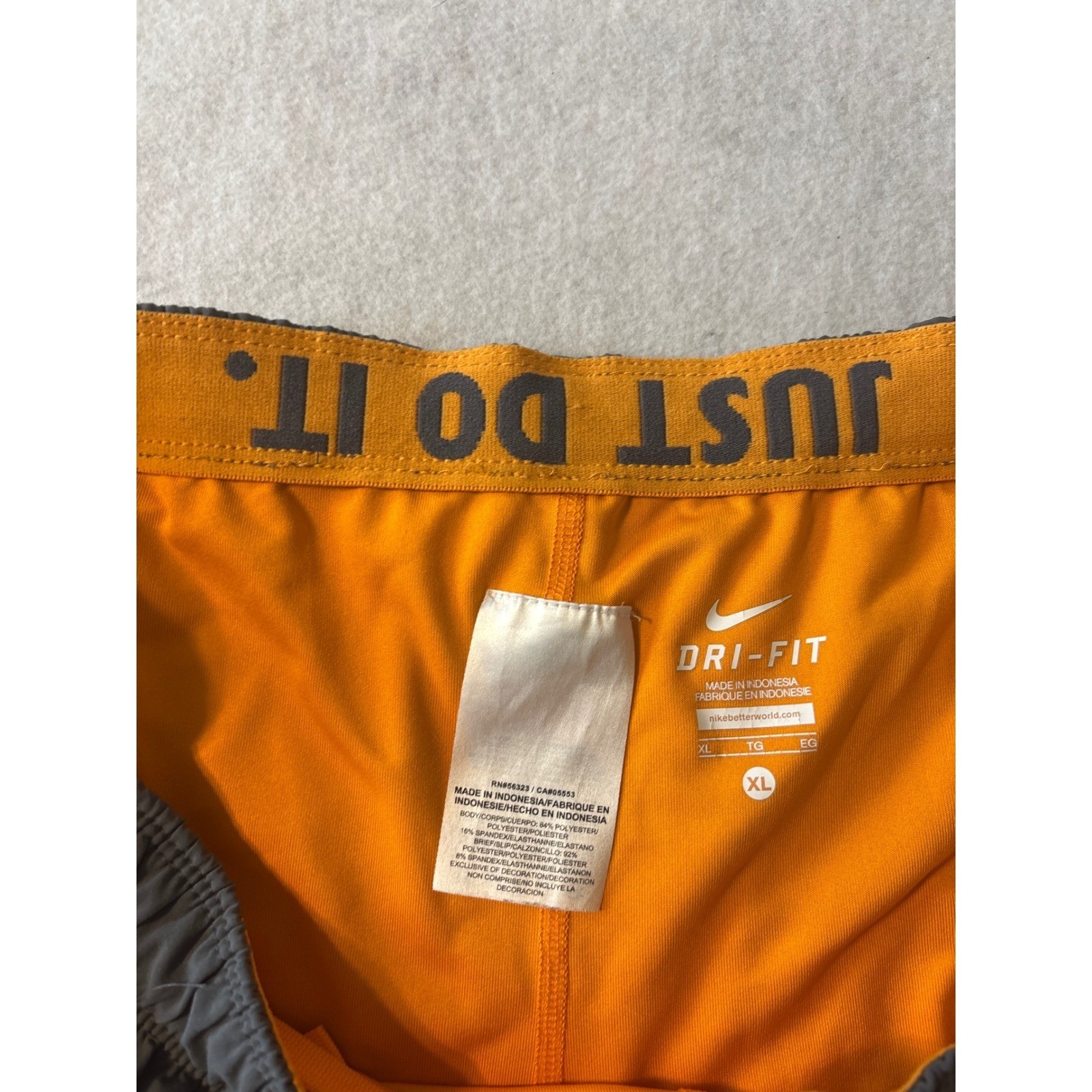 Nike Mens Dri-FIT Running Shorts Charcoal Grey Orange XL Just Do It Waistband