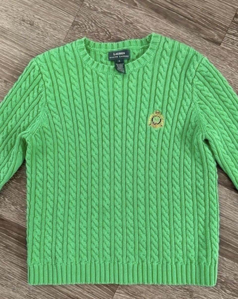 Lauren Ralph Lauren Green Cable-Knit Crew Neck Pullover Cotton Raglan S