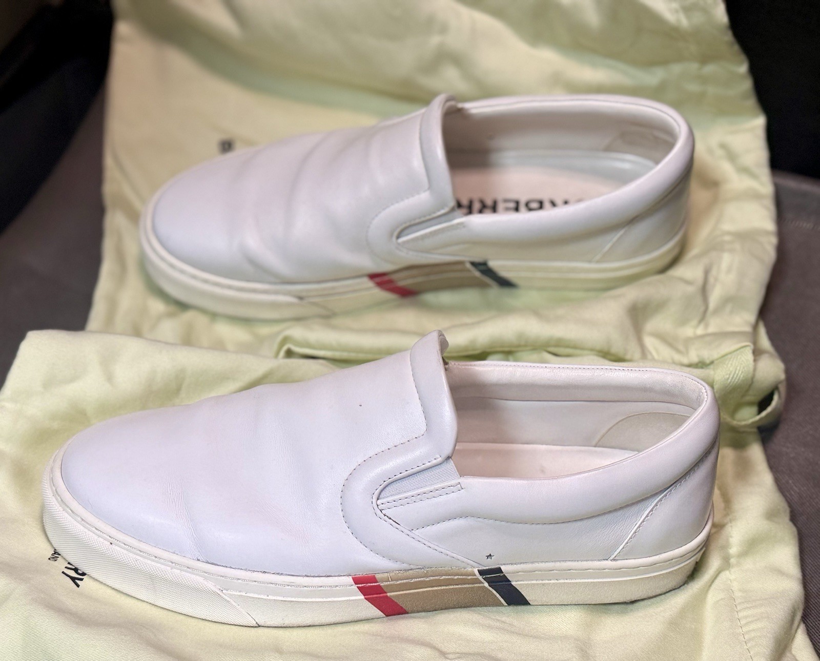 Burberry White Leather Slip-On Casual Shoes, US 11, Rubber Sole, Logo Accent