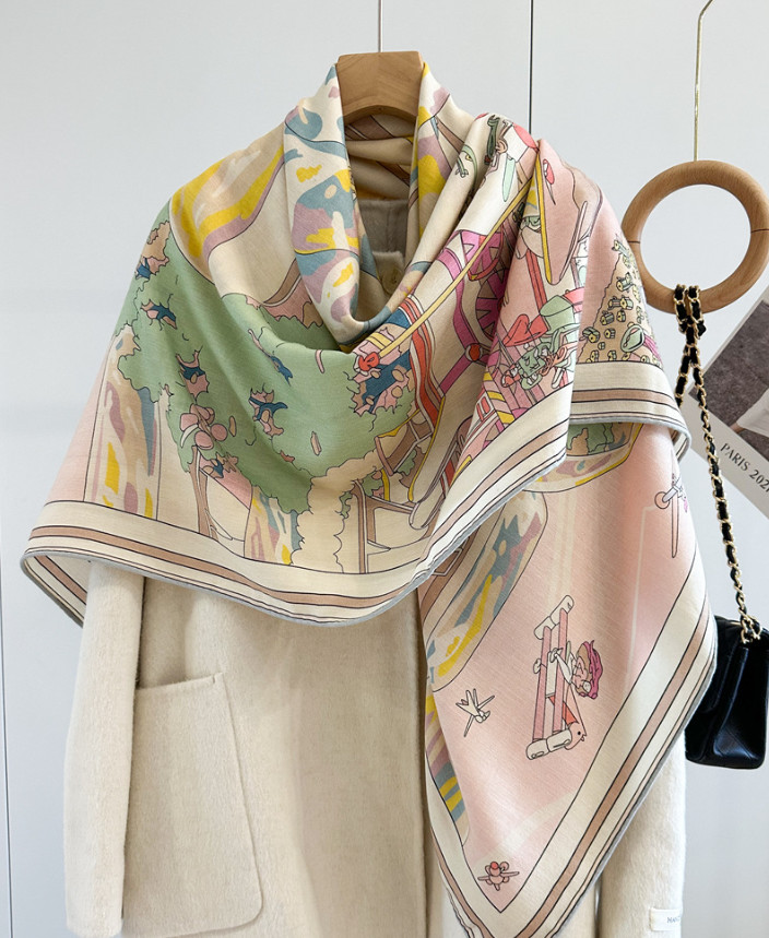 70% Cashmere 30% Silk Wrap Scarf Pink horse Print Double Face Print Shawl 53”